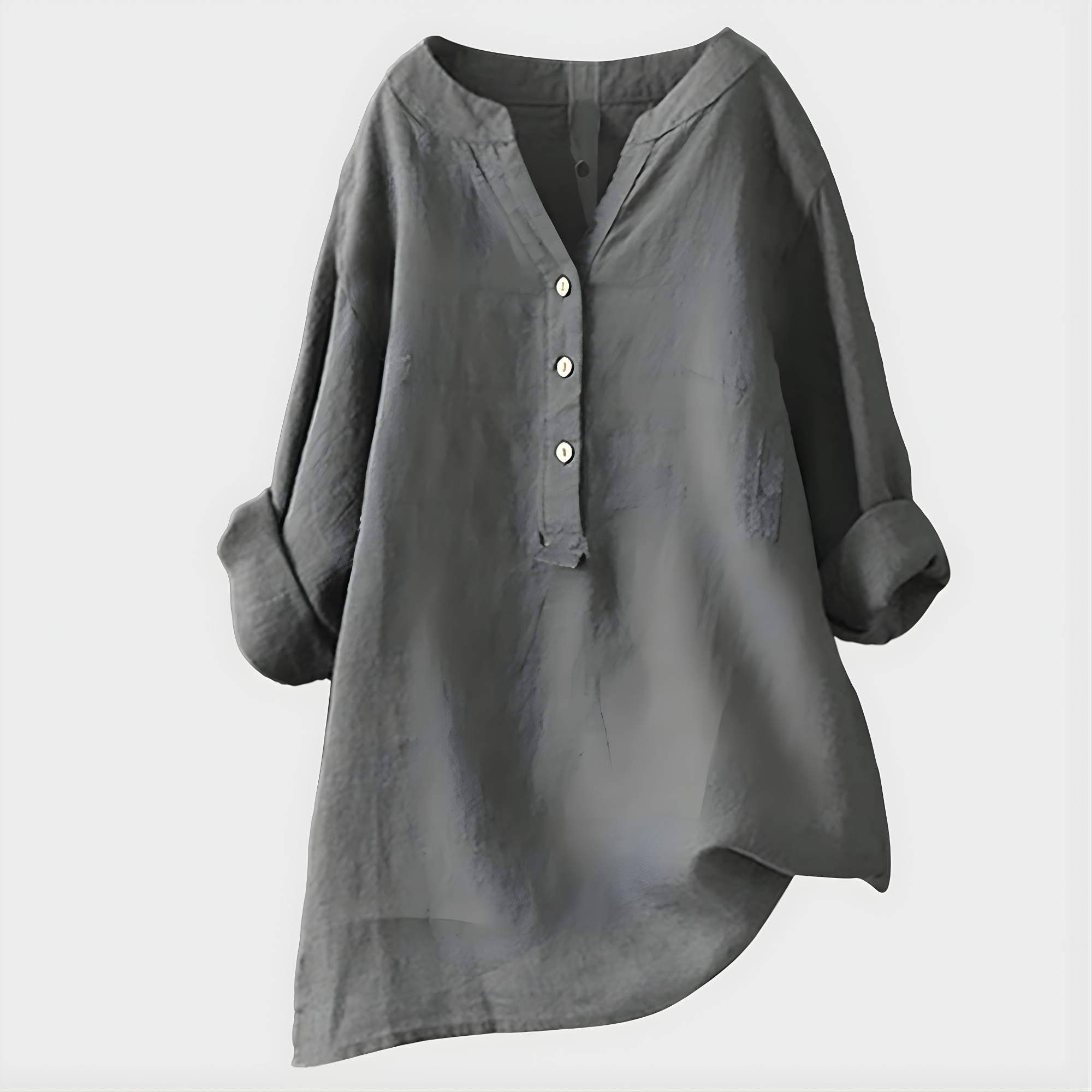 Woman wearing a relaxed cotton-linen V-neck blouse with soft draping