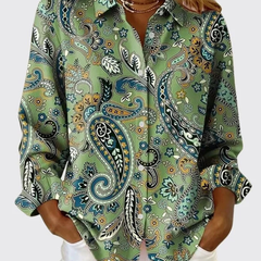 Paisley print button-up blouse with classic collar in pink