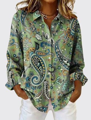 Paisley print button-up blouse with classic collar in pink