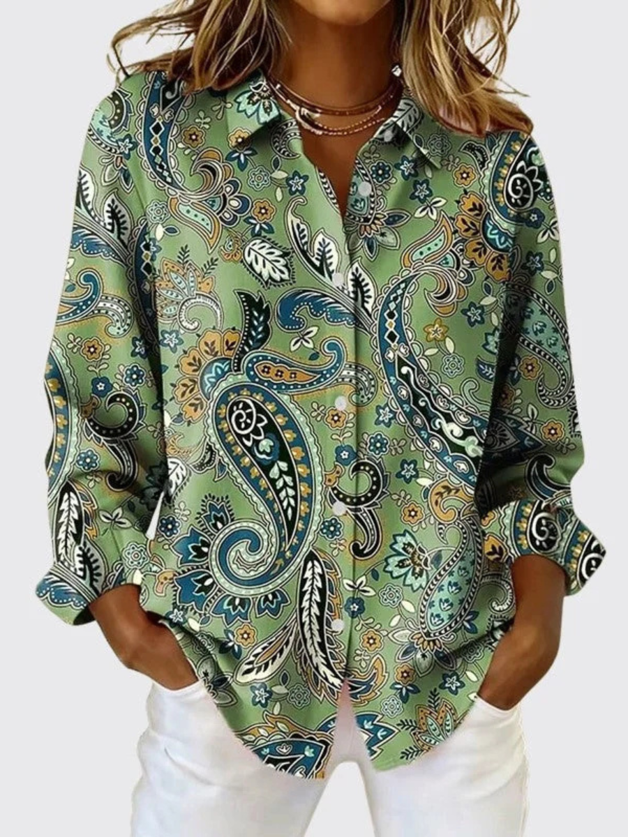 Paisley print button-up blouse with classic collar in pink