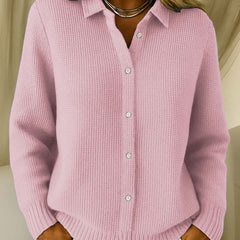 Women's collared button-front long sleeve sweater with ribbed cuffs and hemline