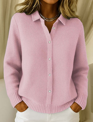 Women's collared button-front long sleeve sweater with ribbed cuffs and hemline