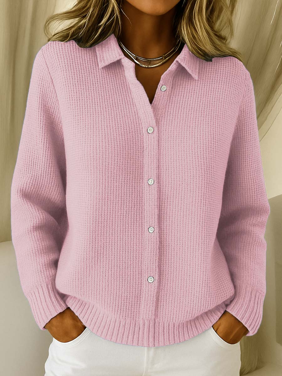 Women's collared button-front long sleeve sweater with ribbed cuffs and hemline