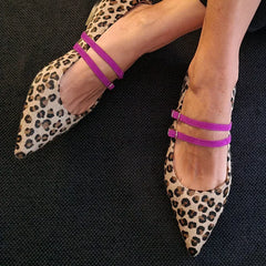 Leopard-print pointed flats with purple double straps