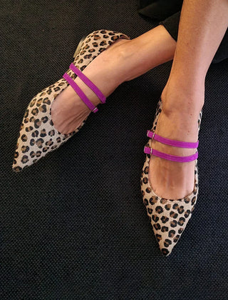 Leopard-print pointed flats with purple double straps