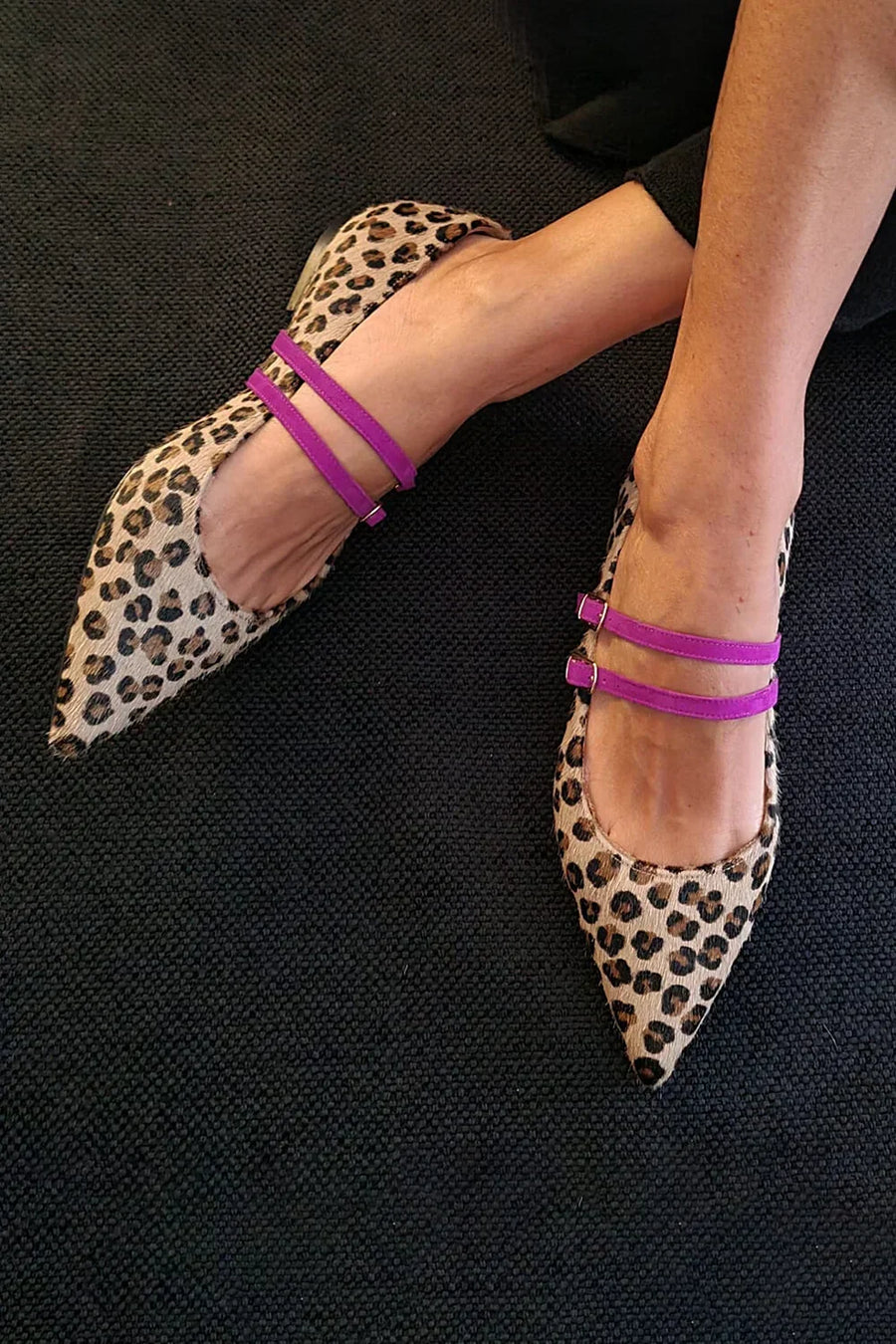 Leopard-print pointed flats with purple double straps