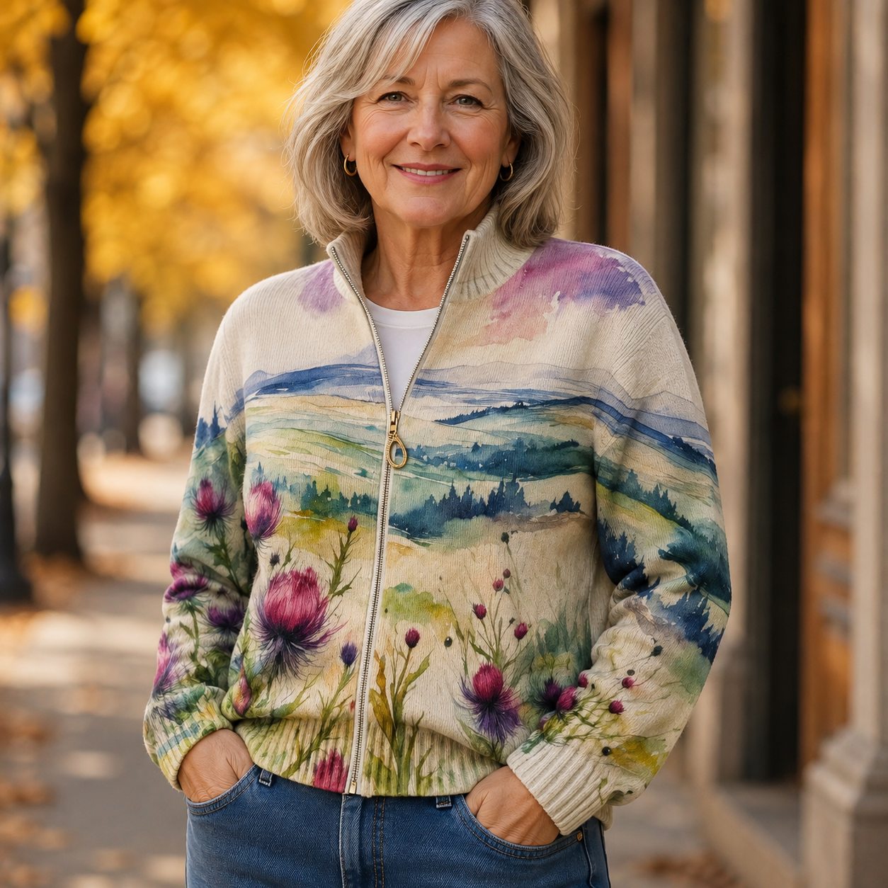 Women's zip cardigan with watercolour thistle landscape print, gold zip and ribbed stand collar