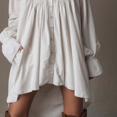 White lace detail long sleeve shirt mini dress with irregular hem