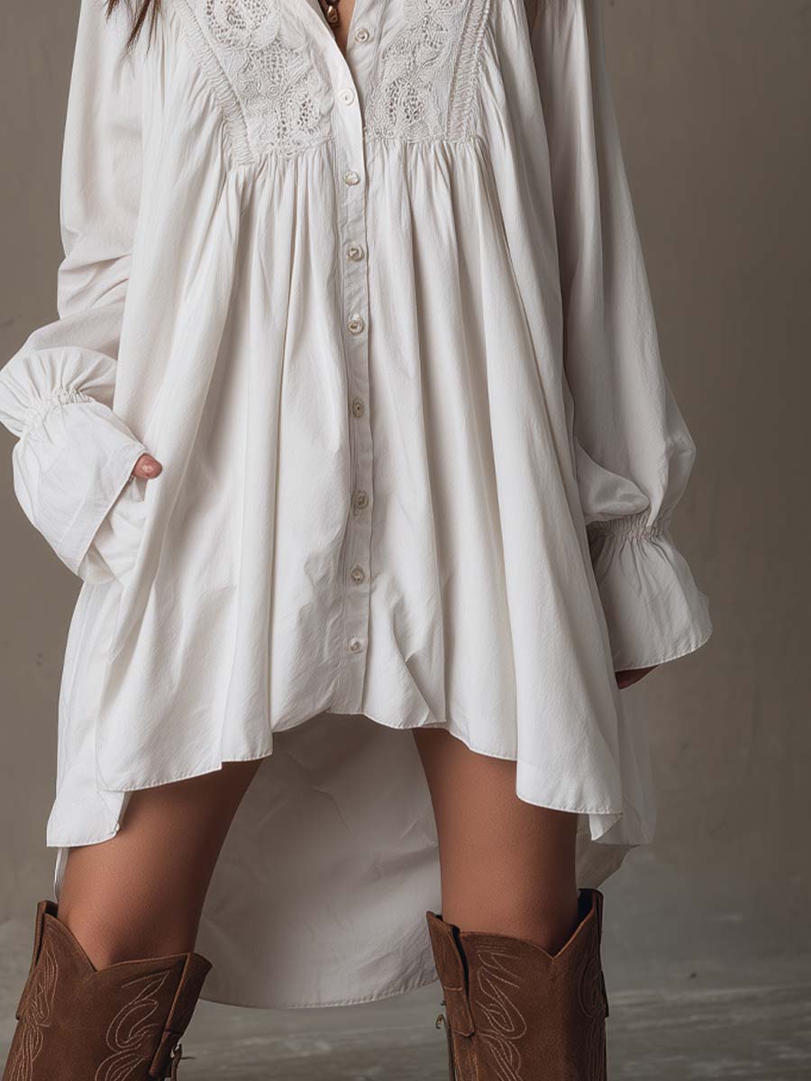 White lace detail long sleeve shirt mini dress with irregular hem