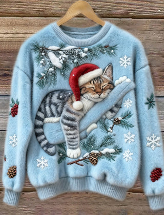 Women's crew neck sweater with a festive cat graphic and winter motifs, long sleeves and ribbed cuffs