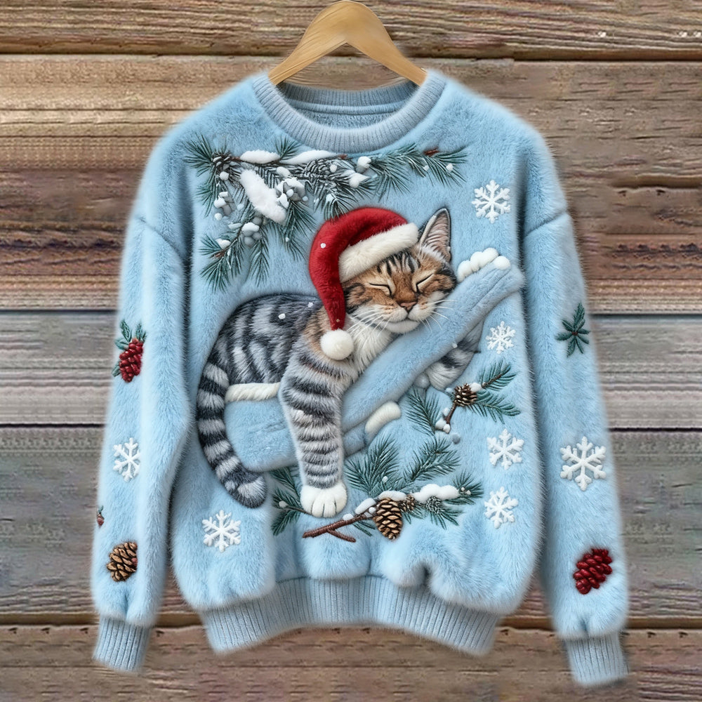 Women's crew neck sweater with a festive cat graphic and winter motifs, long sleeves and ribbed cuffs
