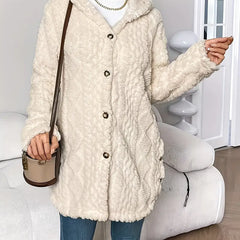 Women's hooded longline cardigan with button-front closure and raised textured surface