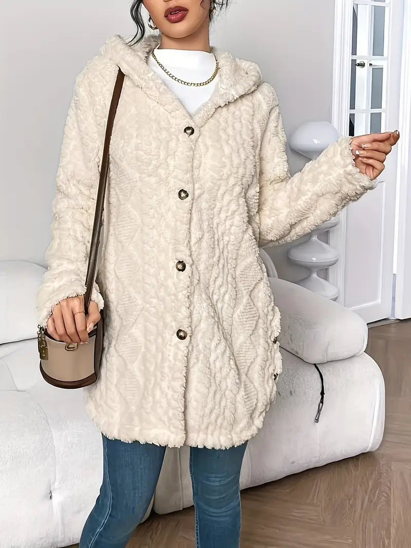 Women's hooded longline cardigan with button-front closure and raised textured surface