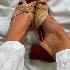 Tri-color woven slip-on flats in burgundy and blue with intricate weaving detail