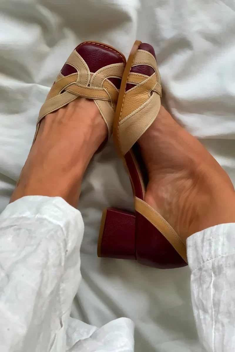 Tri-color woven slip-on flats in burgundy and blue with intricate weaving detail
