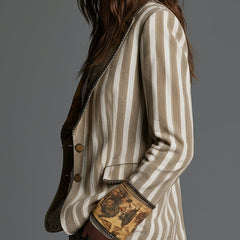 Women's khaki boho striped lapel blazer with long sleeves and relaxed silhouette