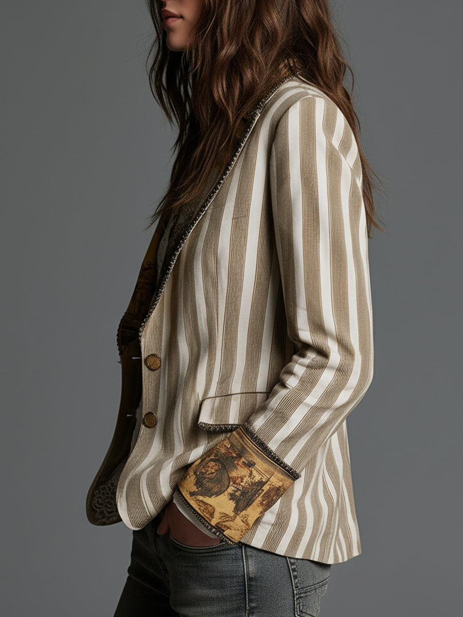 Women's khaki boho striped lapel blazer with long sleeves and relaxed silhouette