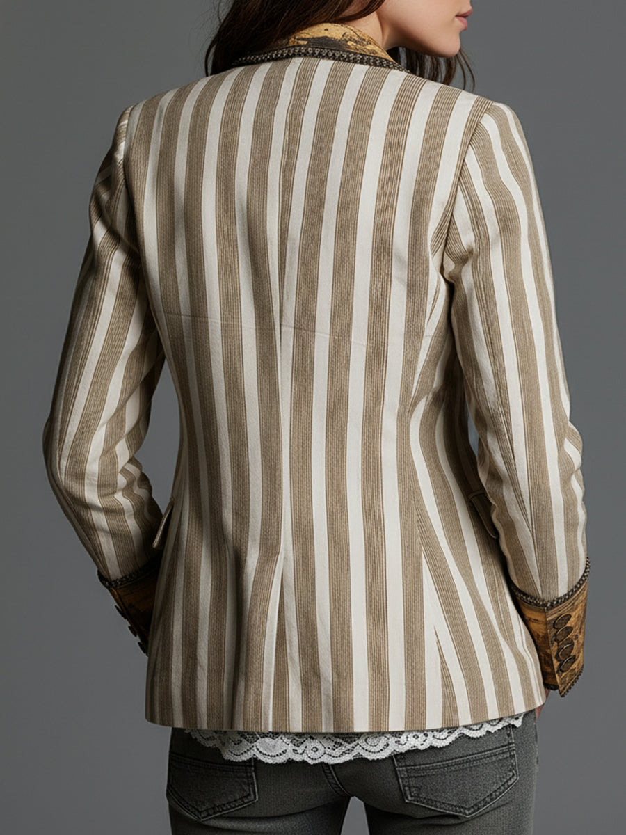 Women's khaki boho striped lapel blazer with long sleeves and relaxed silhouette