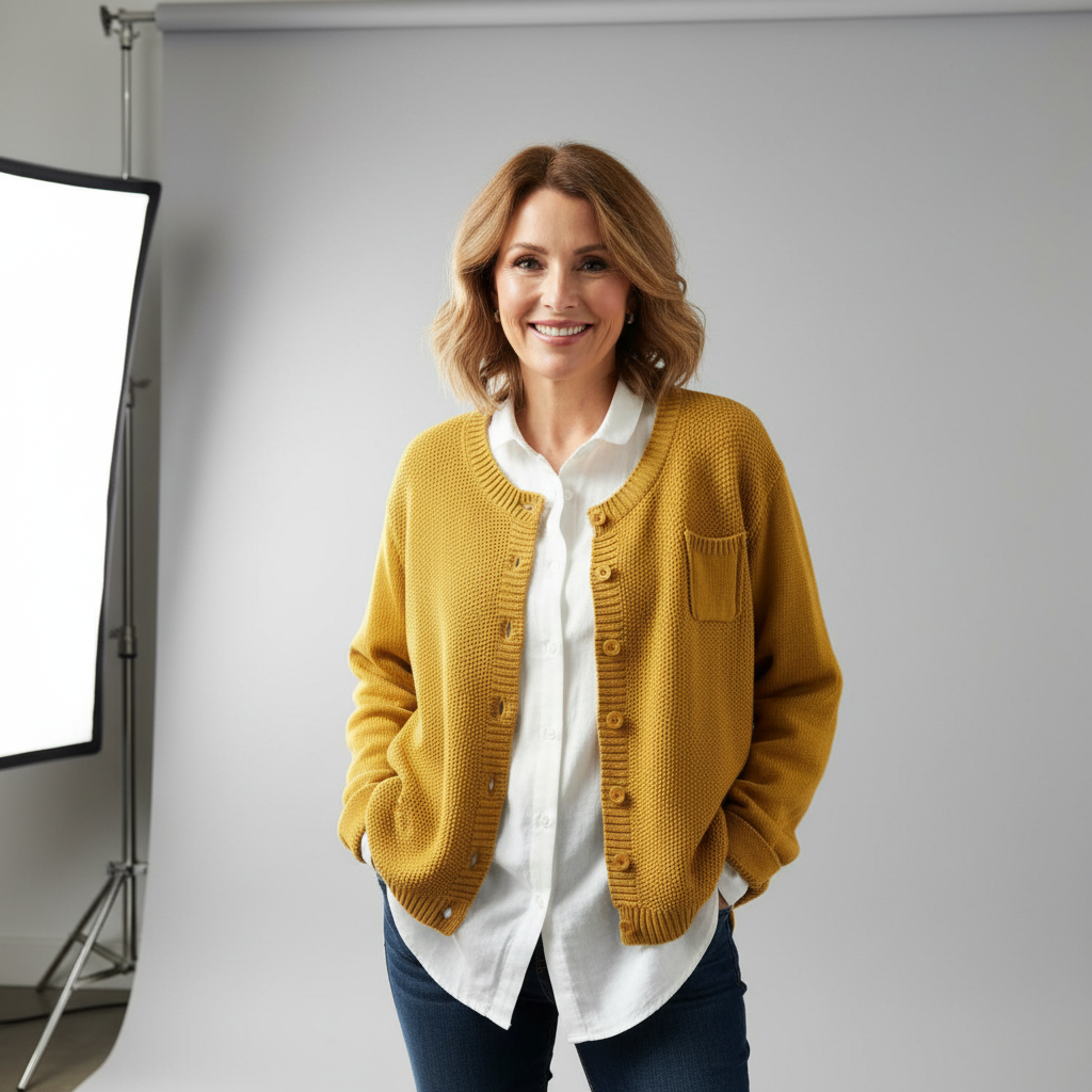 Women's cozy knit cardigan with subtle texture, shown in yellow