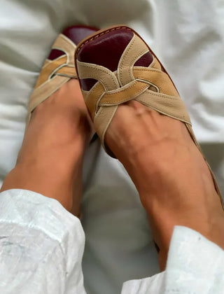 Tri-color woven slip-on flats in burgundy and blue with intricate weaving detail