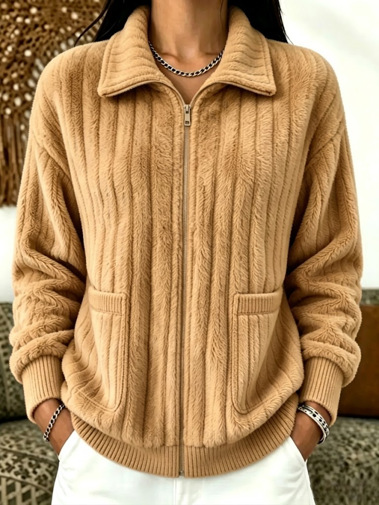 Green plush ribbed fleece full-zip jacket with lapel collar and side patch pockets