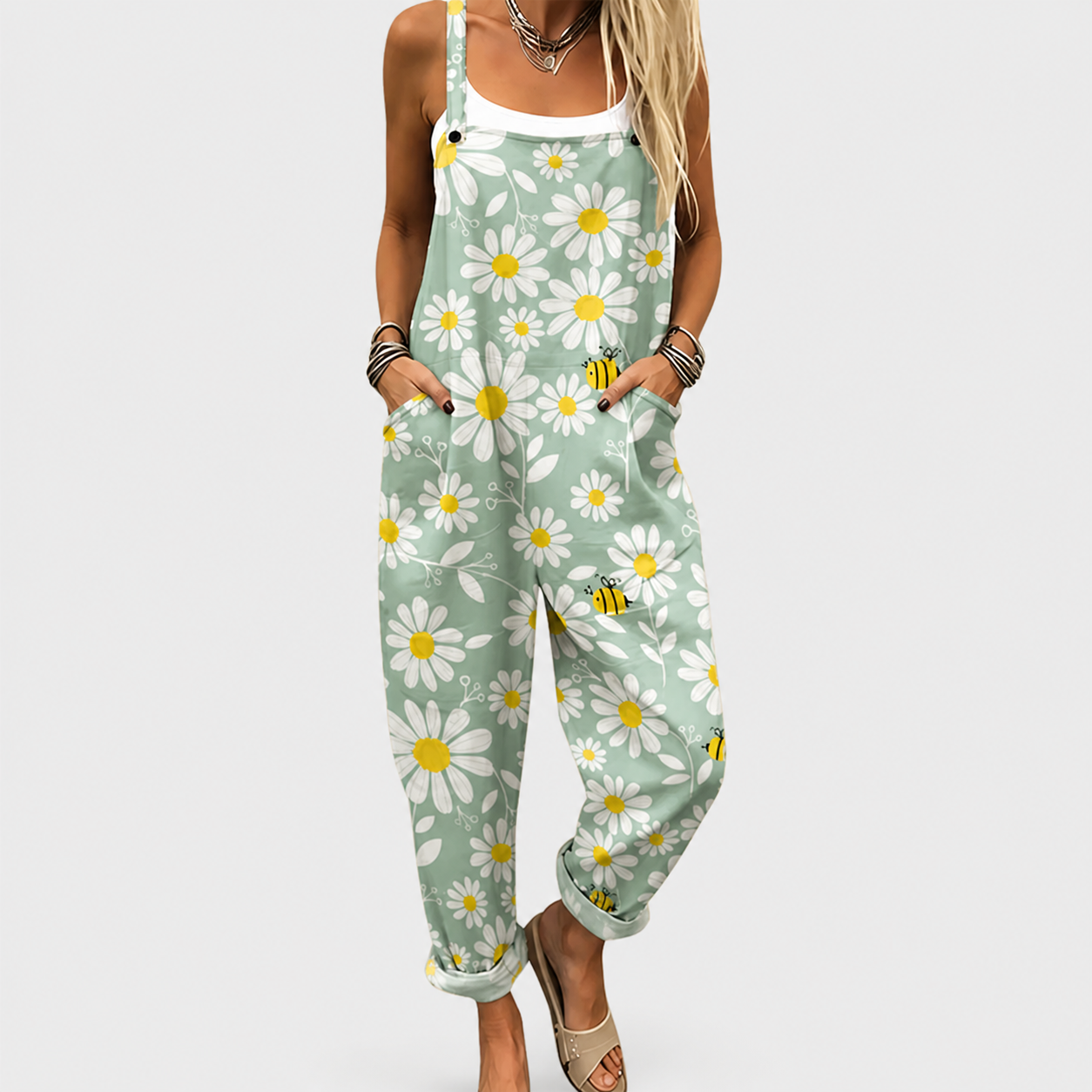 Woman wearing light and joyful relaxed-fit overalls in an easy everyday style