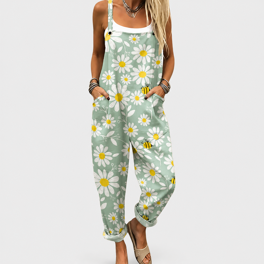 Woman wearing light and joyful relaxed-fit overalls in an easy everyday style