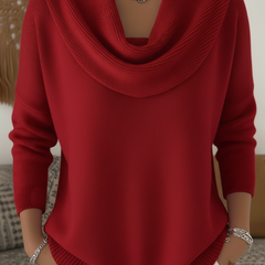 Women's cowl neck knit sweater with draped collar, long sleeves and ribbed hem