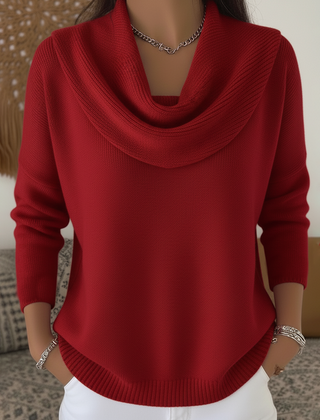 Women's cowl neck knit sweater with draped collar, long sleeves and ribbed hem