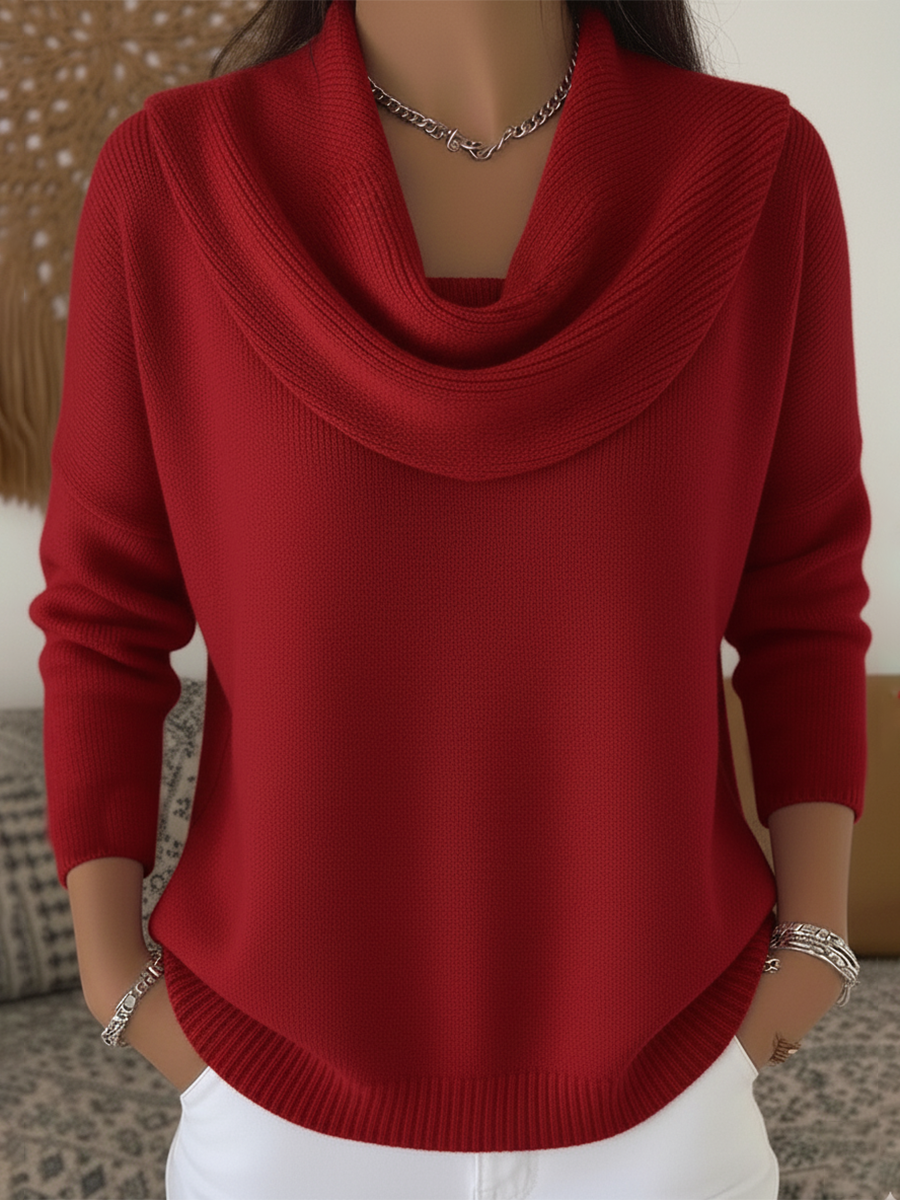Women's cowl neck knit sweater with draped collar, long sleeves and ribbed hem