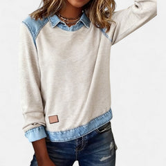 Women's layered-collar two-tone sweater with shirt-style collar and contrast panels, long sleeves