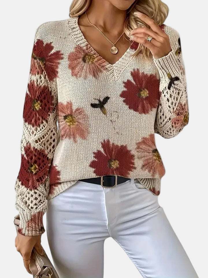 Delphine | Floral Knit V-Neck Sweater