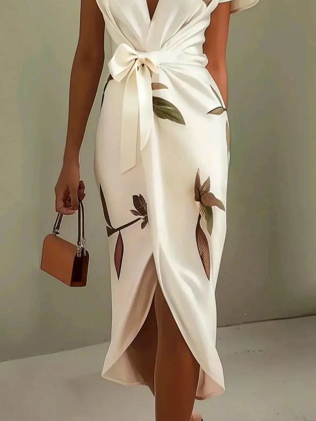 Judy | White Leaf Short Sleeve Midi Dress
