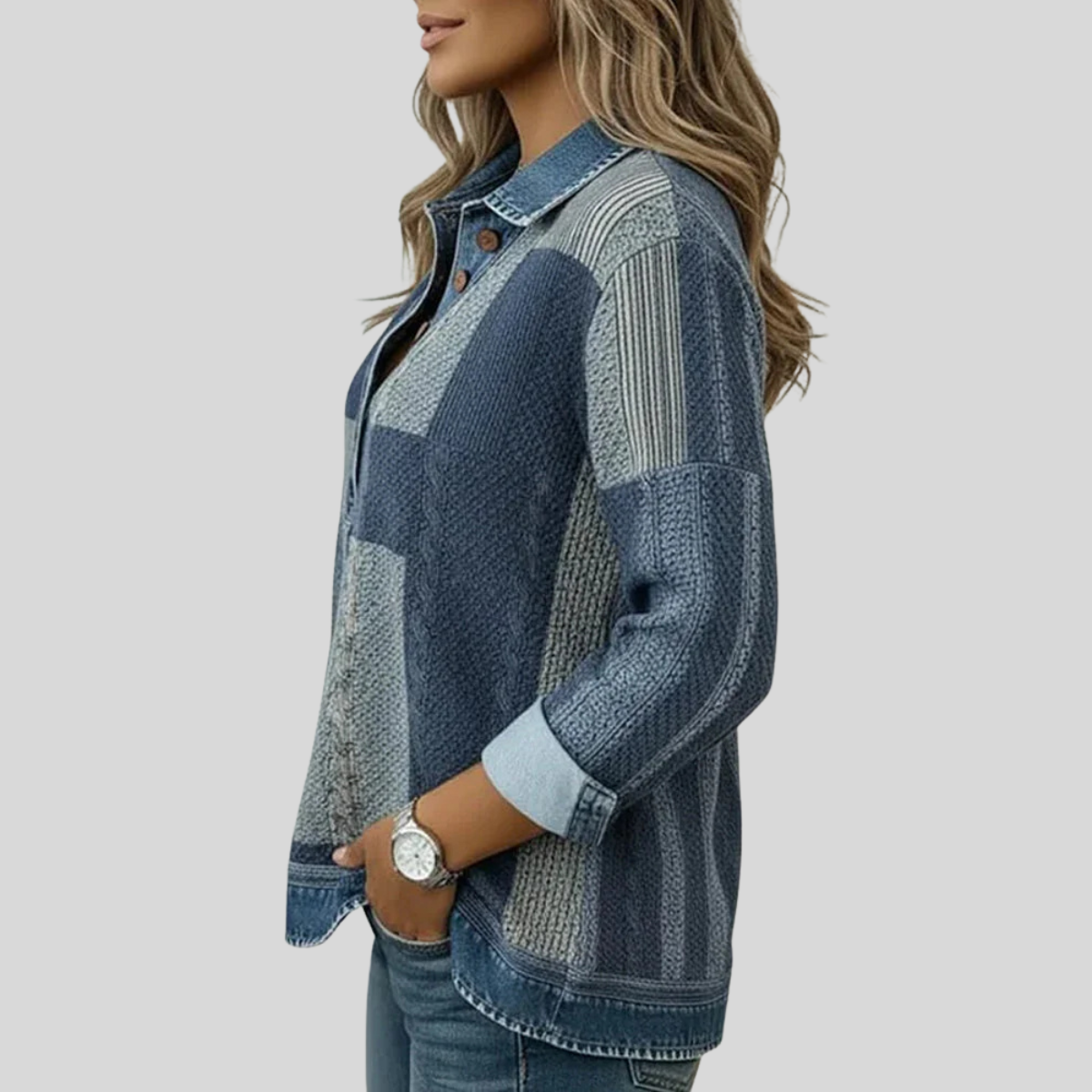 Colourblock knit sweatshirt with button placket, contrast collar and rolled cuffs in blue, black and brown