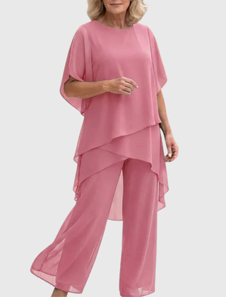 Women's flowing chiffon top with matching wide-leg trousers two-piece set
