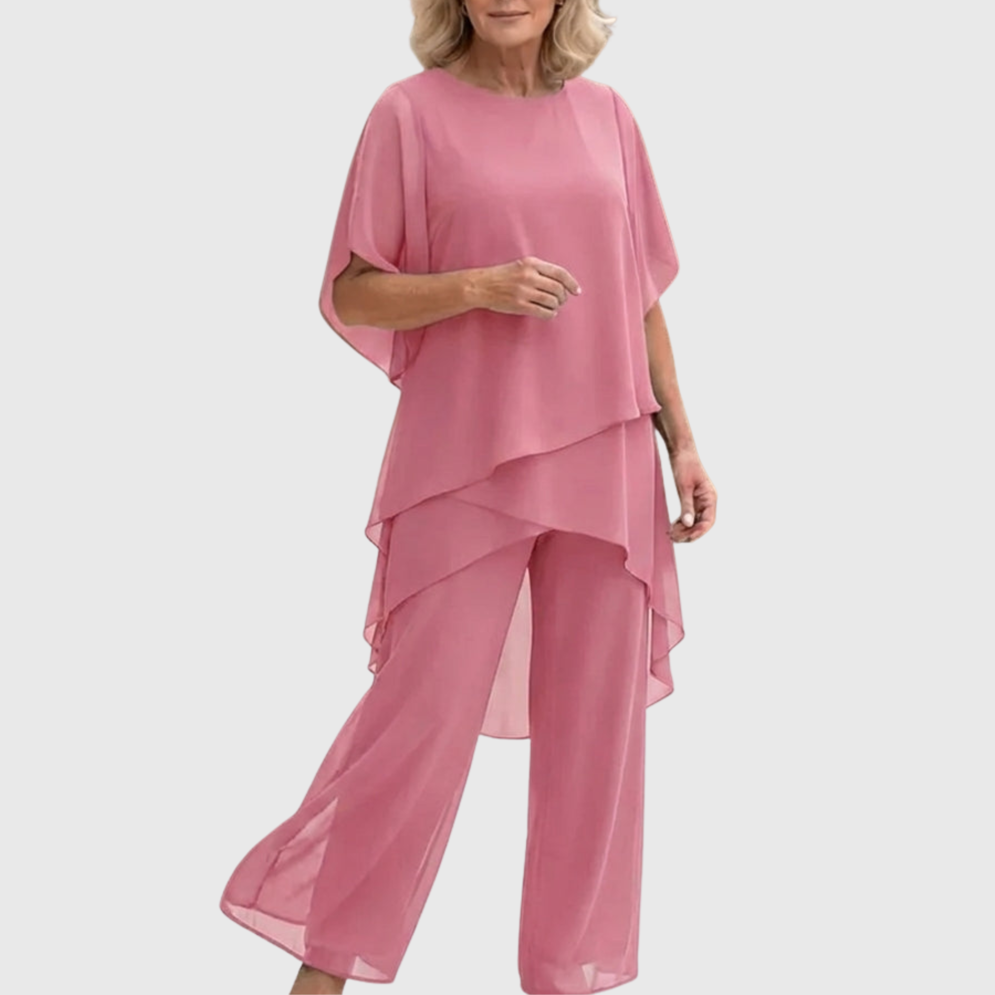 Women's flowing chiffon top with matching wide-leg trousers two-piece set