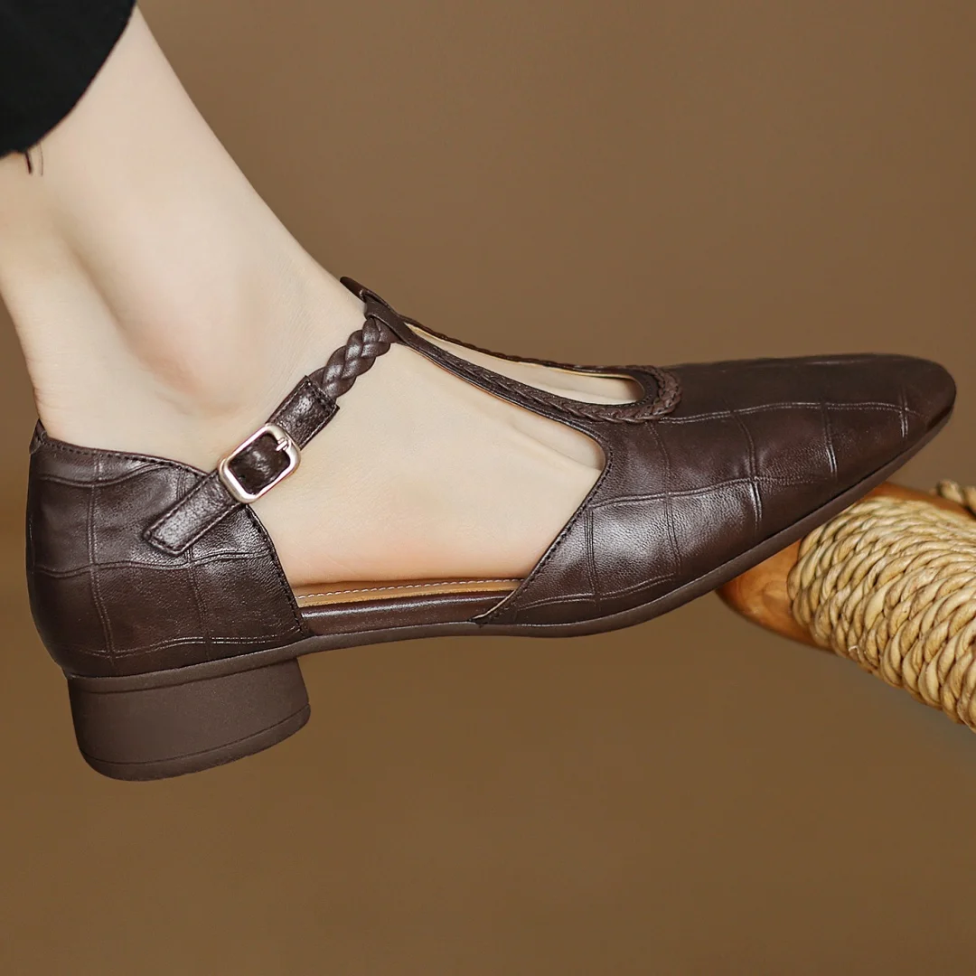 Women's leather T-strap Mary Jane flats with braided strap, buckle and pointed toe