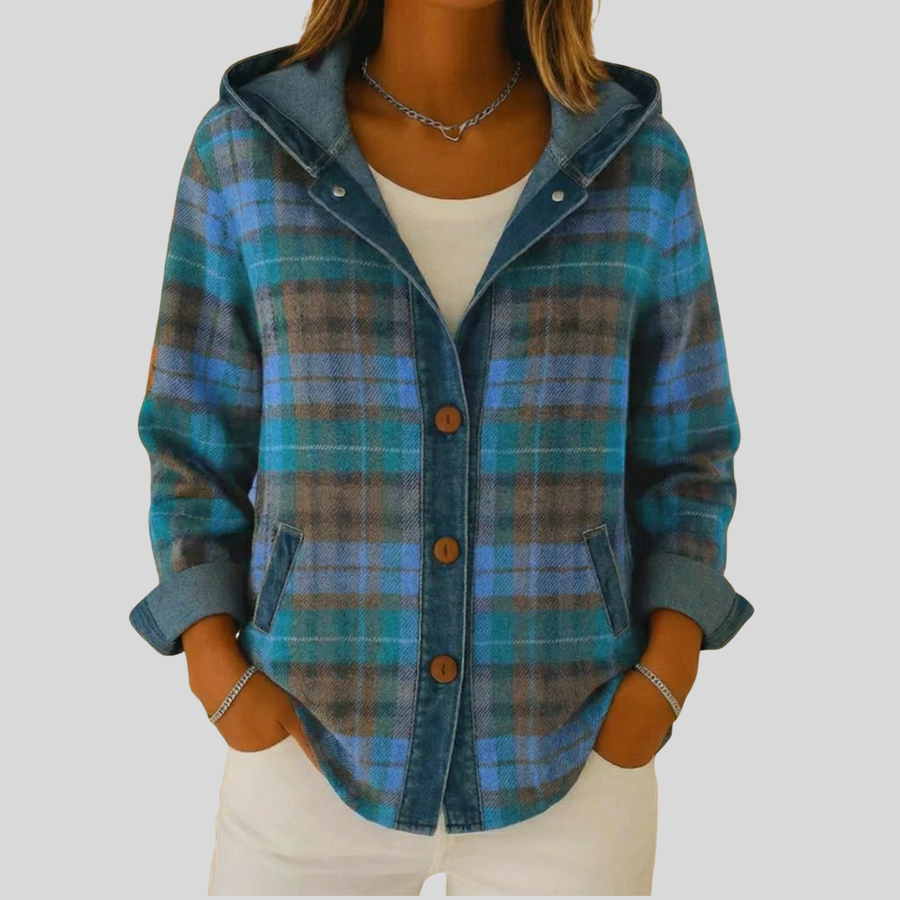 Blue and teal plaid hooded shacket with wooden-tone buttons and front patch pockets