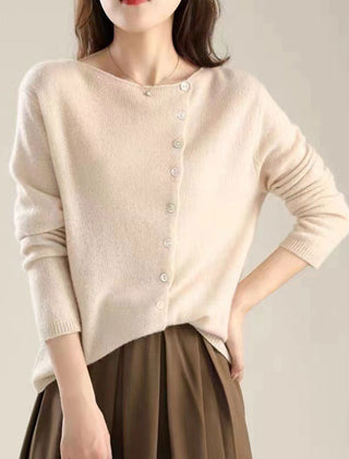 Women's V-neck button-front long sleeve cardigan with softly shaped collar and hip-length hem