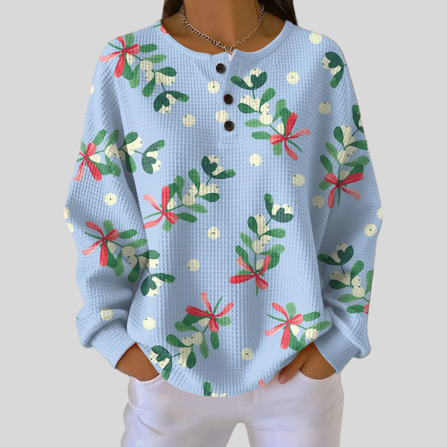 Relaxed-fit waffle-knit sweatshirt with mistletoe print and button-placket neckline