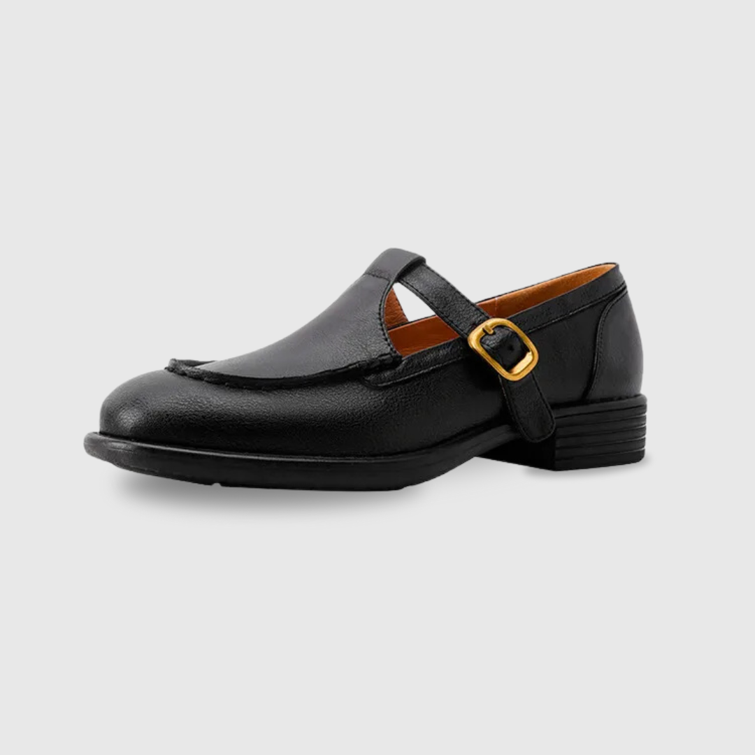 Delia retro T-strap Mary Jane shoes with rounded toe, gold-tone buckle and low block heel