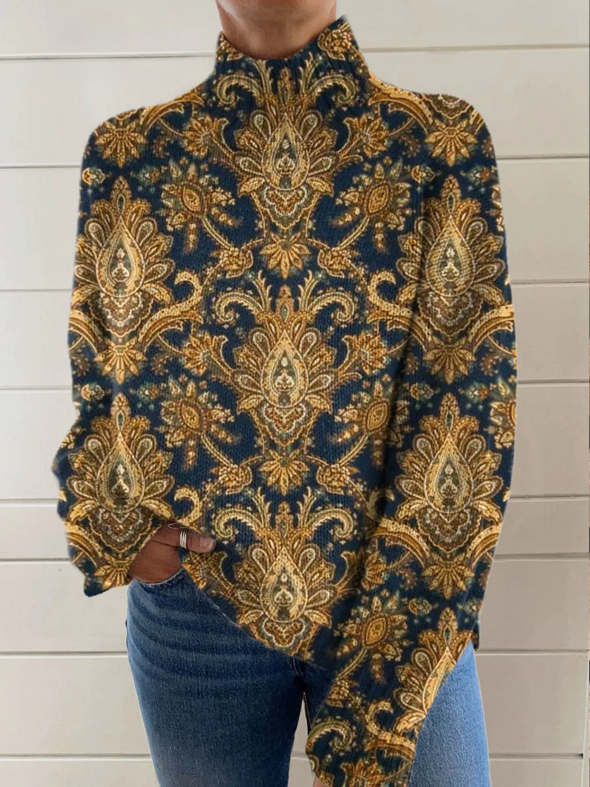 Multicolour vintage floral art turtleneck sweater with ribbed cuffs and a relaxed fit