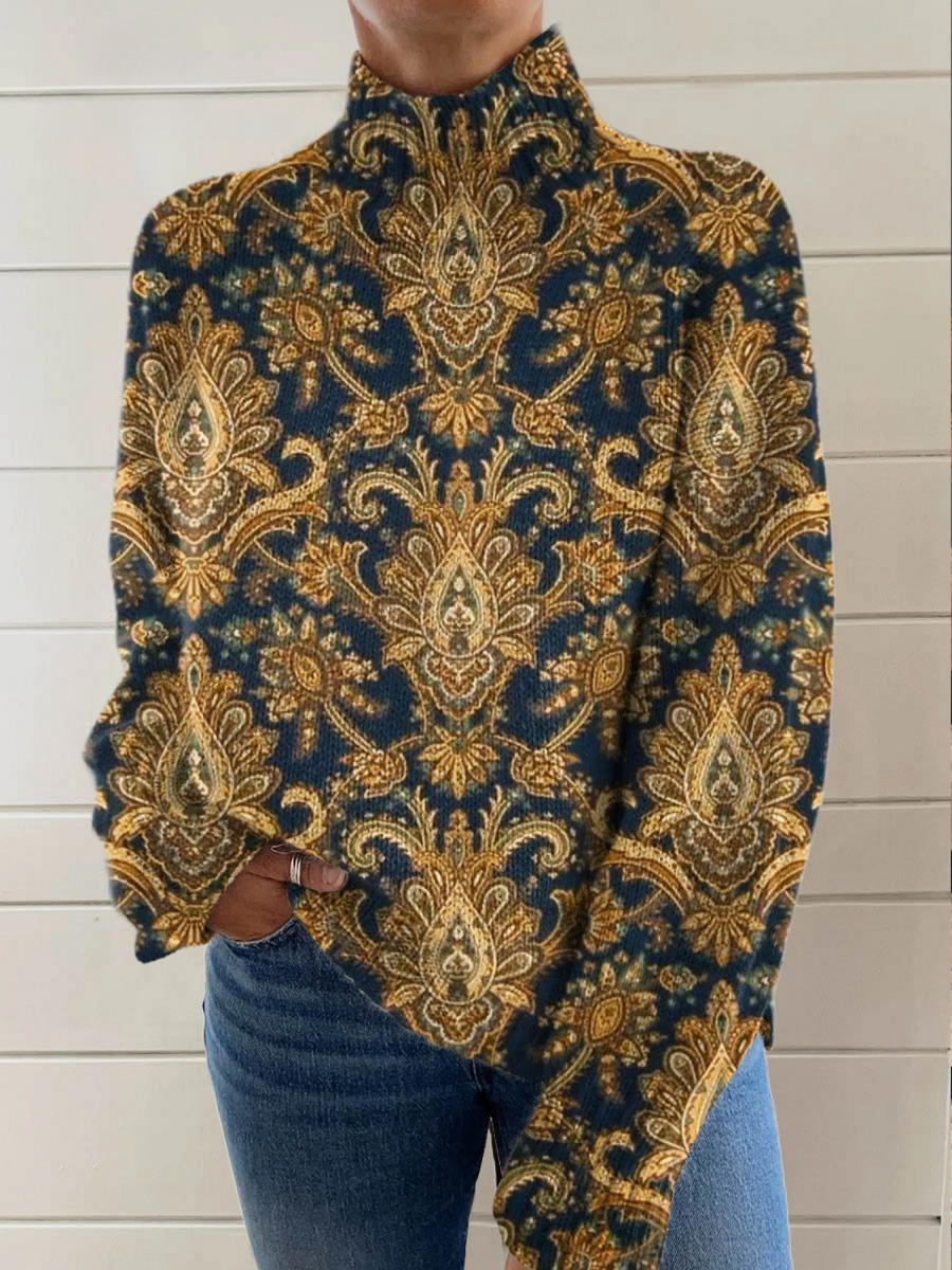 Multicolour vintage floral art turtleneck sweater with ribbed cuffs and a relaxed fit