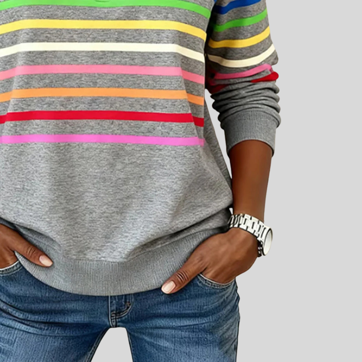 Colourful horizontal striped quarter-zip sweatshirt with silver zip and ribbed cuffs