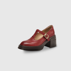 Rowena chunky block heel Mary Jane pumps with T-strap gold buckle and round toe