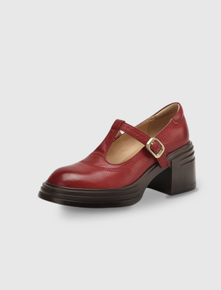 Rowena chunky block heel Mary Jane pumps with T-strap gold buckle and round toe