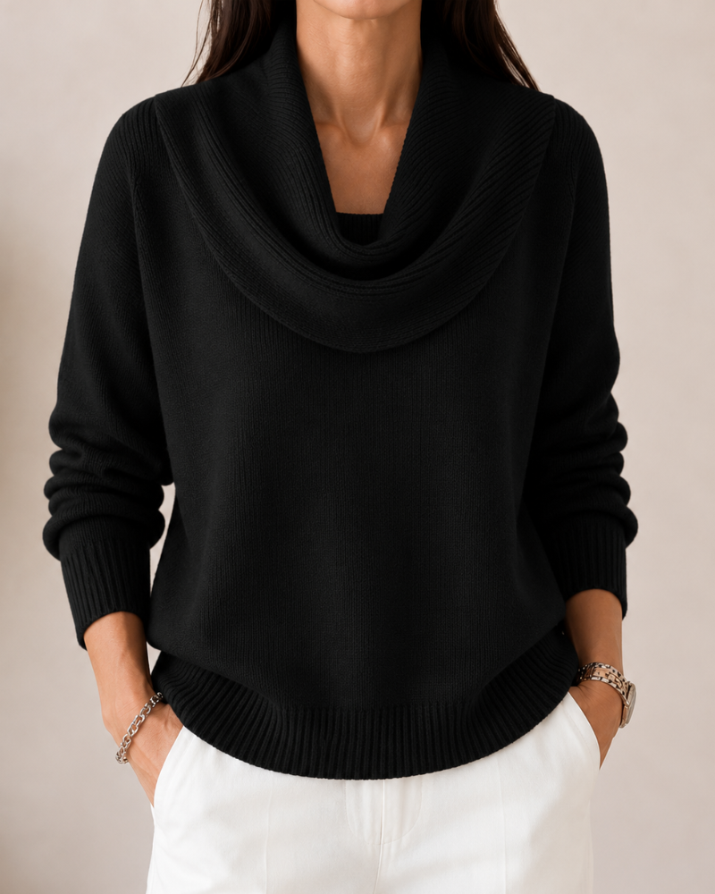 Caralina elegant cowl neck knit jumper with softly draped neckline and relaxed fit