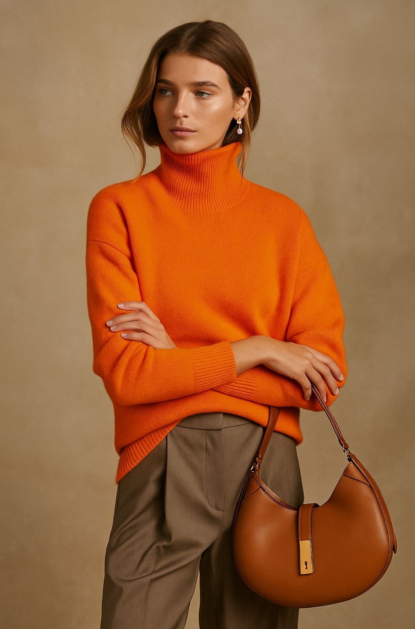Women's high turtleneck sweater with relaxed fit, long sleeves and ribbed cuffs and hem