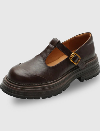 Women's Blythe T-bar Mary Jane brogue shoes with rounded toe and low heel