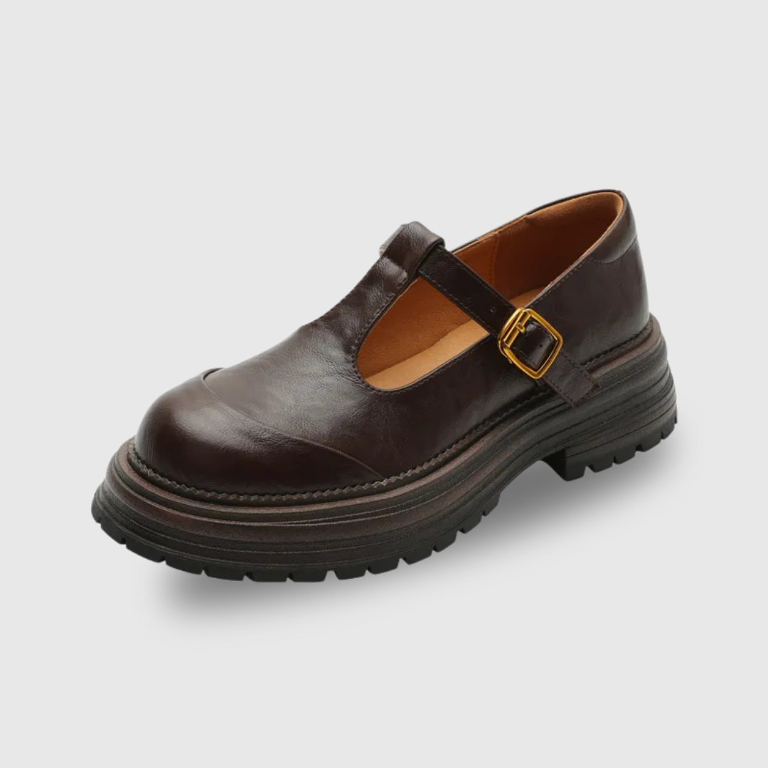 Women's Blythe T-bar Mary Jane brogue shoes with rounded toe and low heel